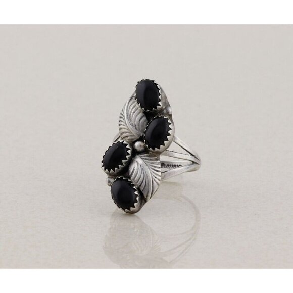 Sterling Silver Natural Onyx Leaf Design Ring Size 7 1/4 - Picture 5 of 6